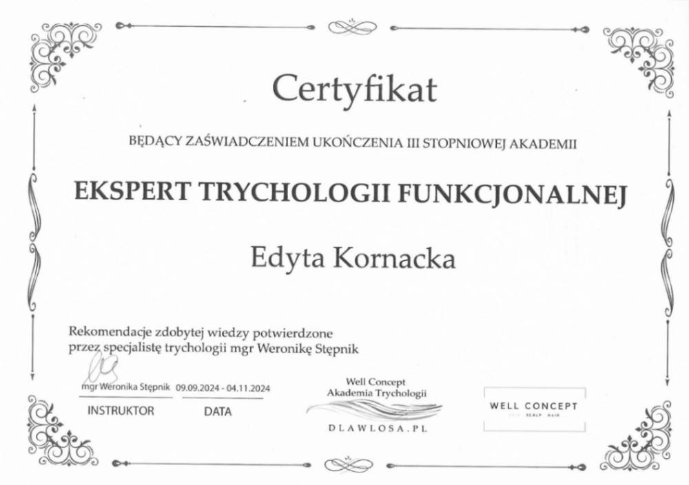 Certyfikat trychologii funkcjonalnej edyta kornacka